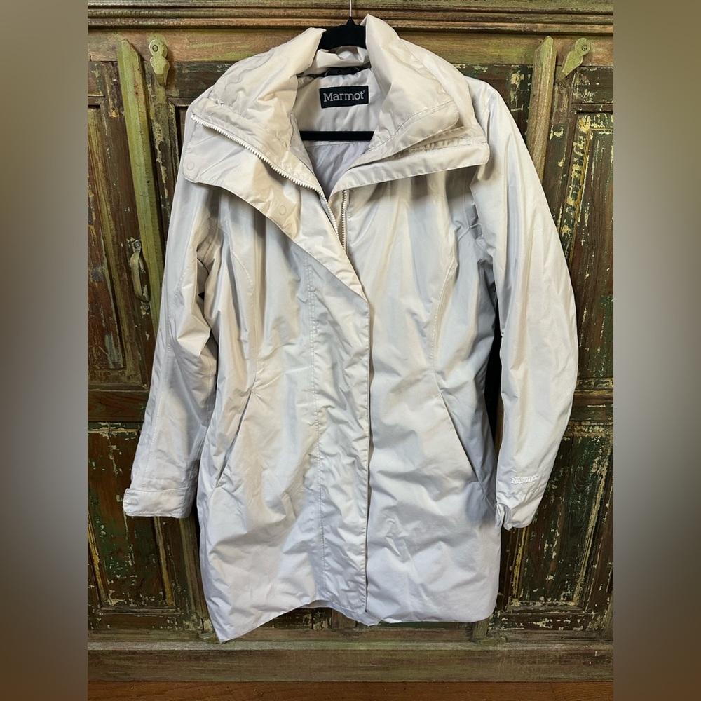Marmot white Chelsea Coat size L so warm waterproof removable membrane 2 way zip